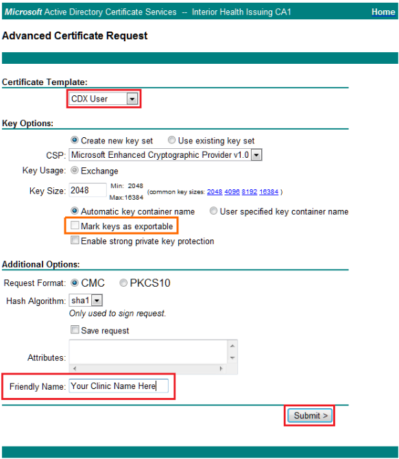 CDX Certificate Request - Mark keys as exportable