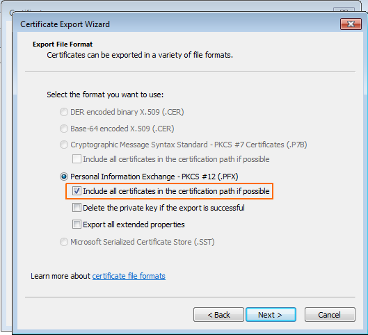 Internet Explorer - Certificate Export Wizard - Include all certificates